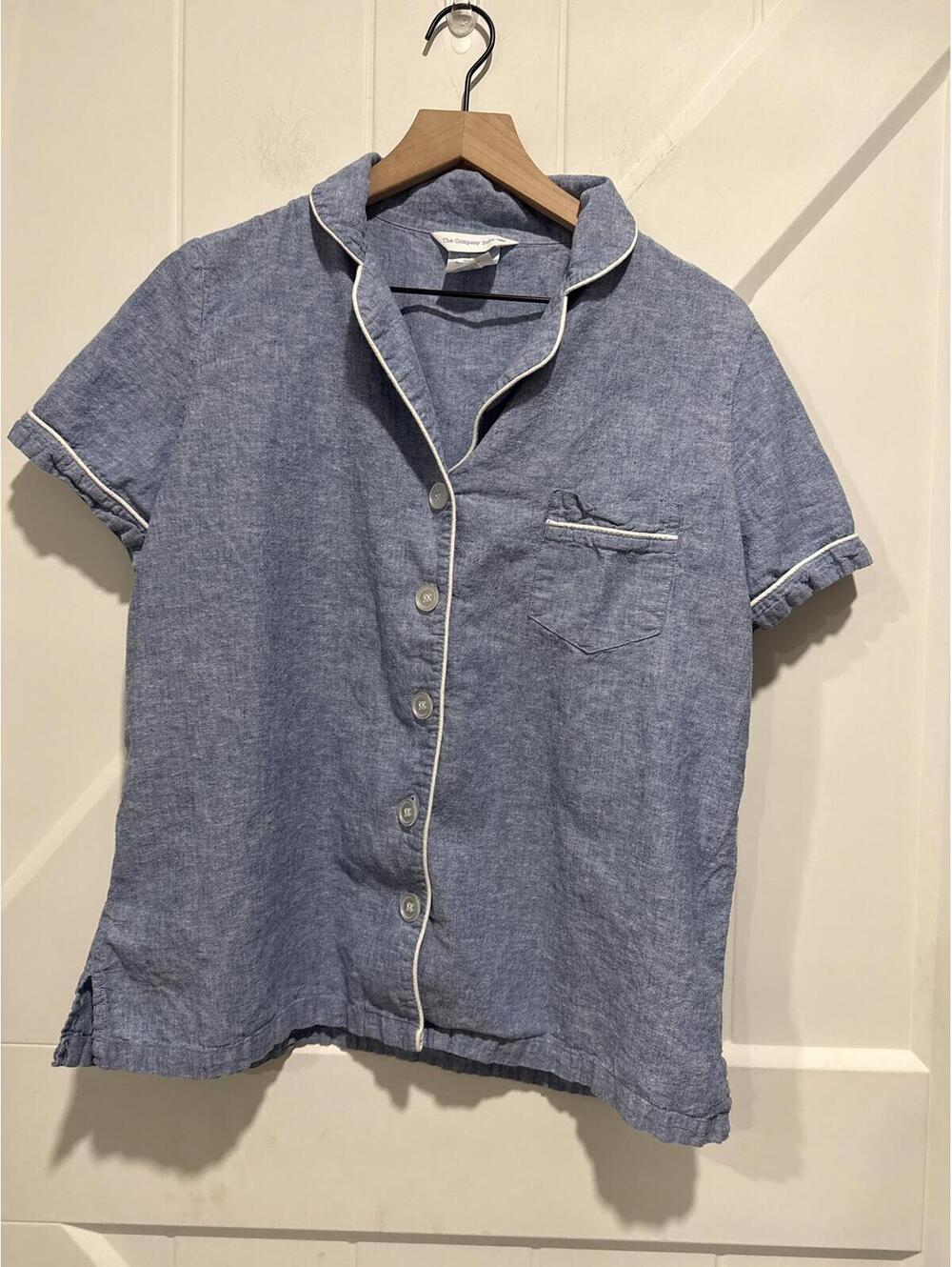 The Company Store Blue Linen Cotton Short Sleeve Pajama Shirt